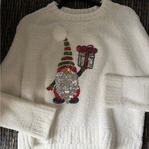 Poof! White Sweater with Sequin Gnome Design